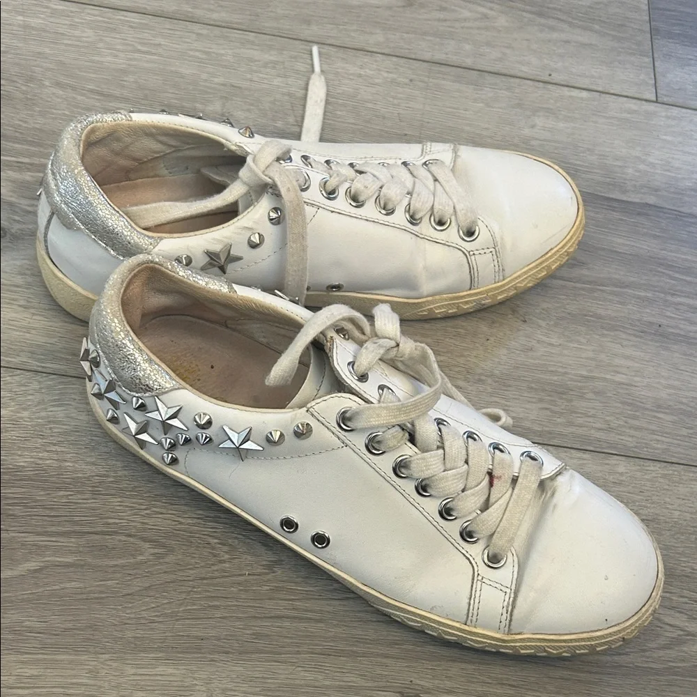 ASH Brand Women's Dazed Stars & Studs Leather Shoes Sneakers White Silver Sz 37